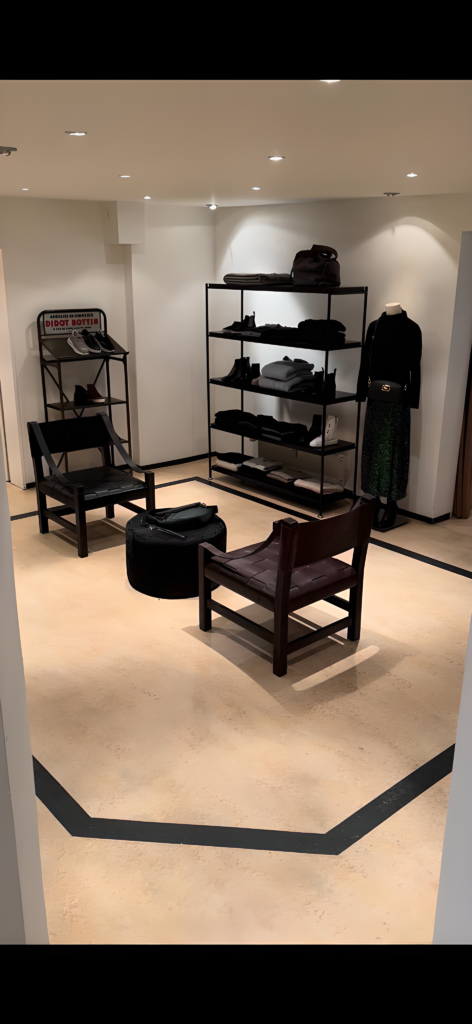 Ruhiger Boutique-Innenraum mit minimalistischer Einrichtung, Ledersesseln, offenen Regalen und ausgewählter Designer-Mode in warmem Licht.